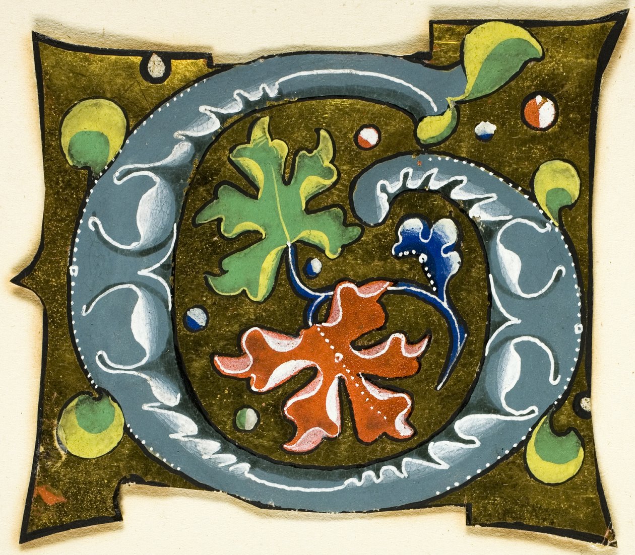 Koristeltu alkukirjain "G" harmaalla, punaisilla, vihreillä ja sinisillä lehdillä käsikirjoituksesta. tekijältä Unknown artist