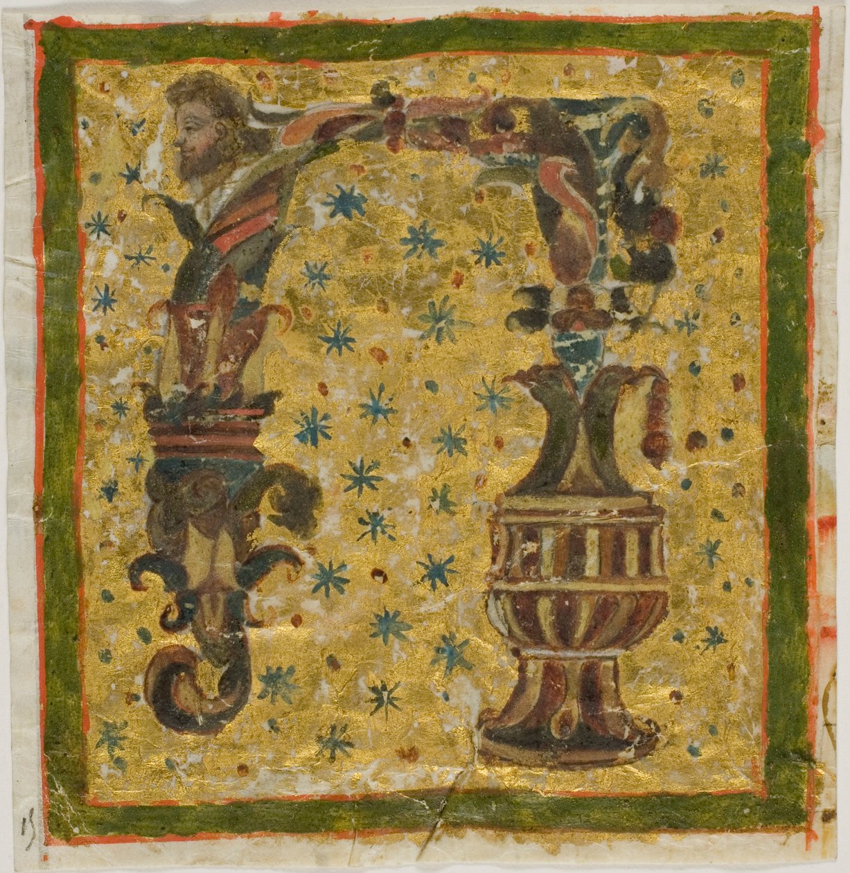 Koristeltu alkukirjain "N", jossa on termejä (tai groteski) ja uurna käsikirjoituksesta. tekijältä Unknown artist