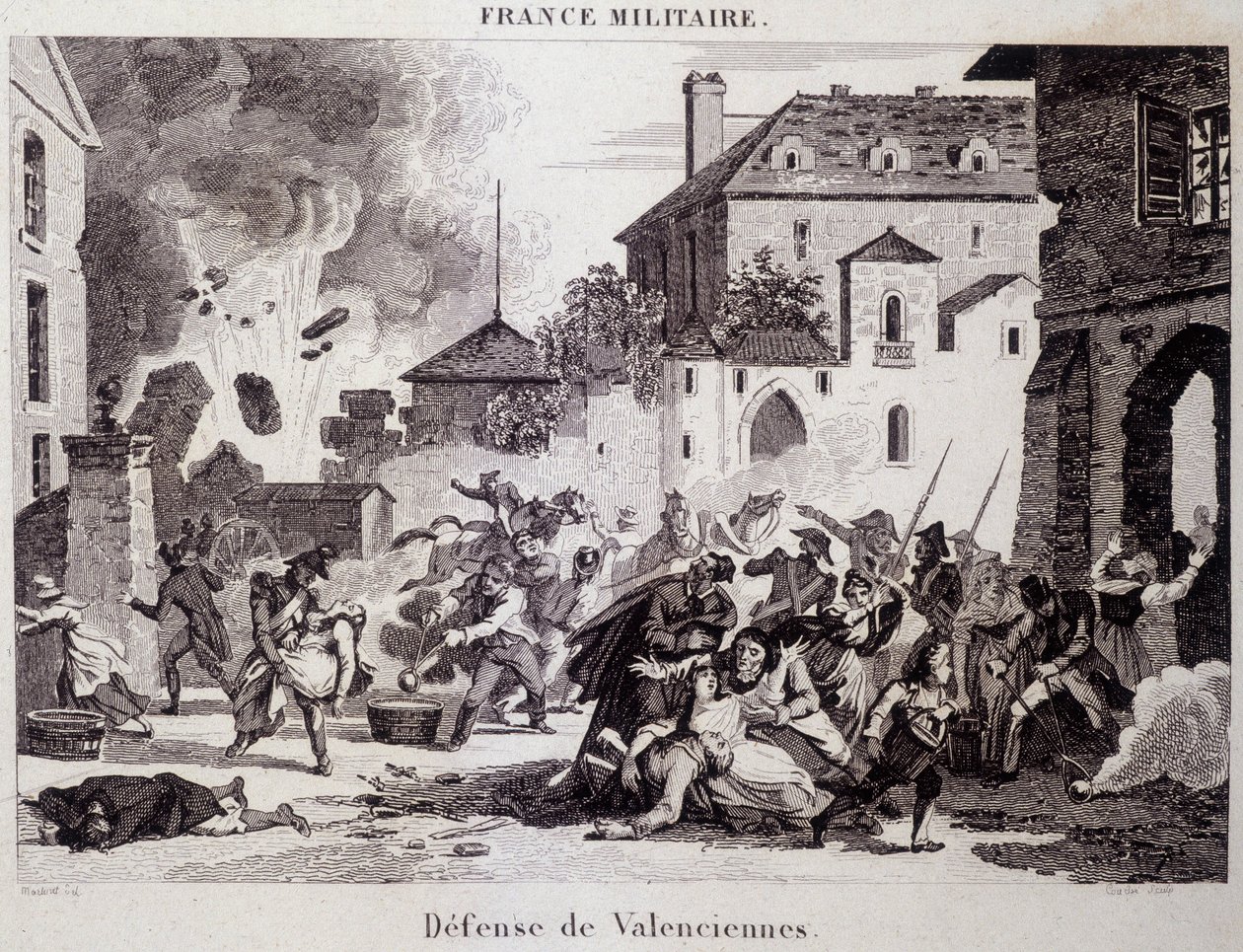 Valenciennesin puolustus (republikaanit brittejä ja itävaltalaisia vastaan vuonna 1794). Kaiverrus 1800-luvulta. tekijältä Unknown artist