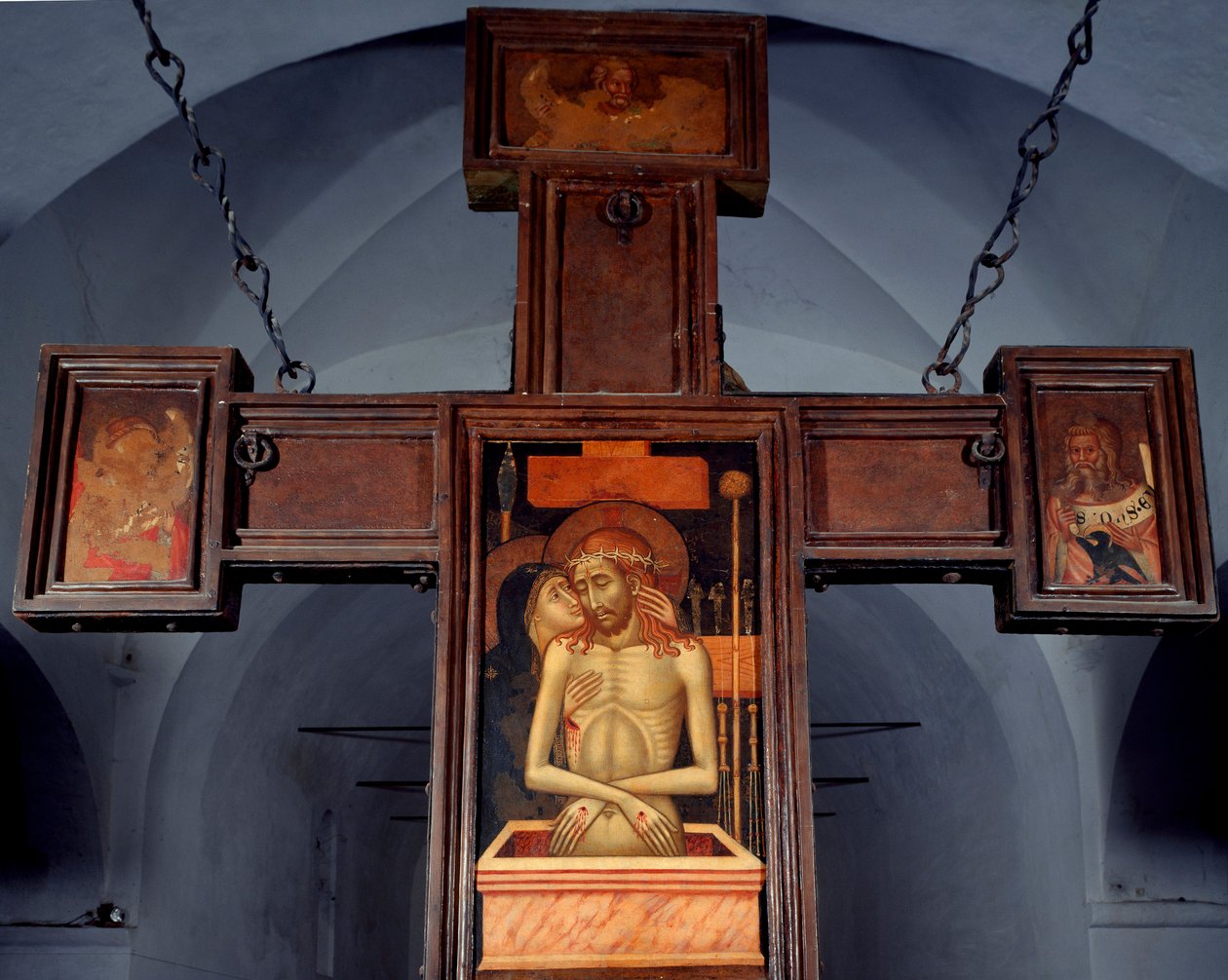 Deploration (Deposition) Anonyymi puumaalaus ristin selässä. 1400-luvun Varazze, Cappella del Castello Invrea Italia tekijältä Unknown artist