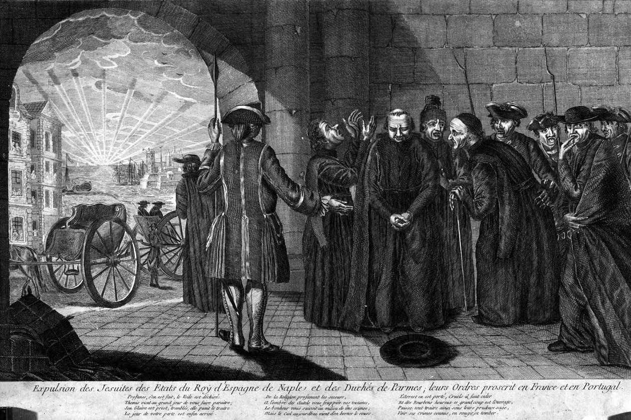 Jesuiittien karkotus 21.7.1773: Jesuiittajen karkottaminen Espanjan kuninkaan osavaltioista, Napolista ja Parman herttuakunnasta, heidän ritarikuntansa kiellettiin Ranskassa ja Portugalissa. Kaiverrus 1800-luvun alusta tekijältä Unknown artist