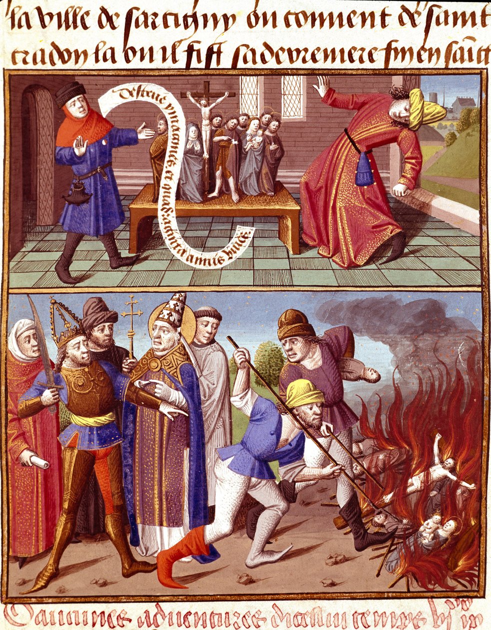 Pyhien esineiden tuhoaminen ja paavi Gregoire I Suuren (540-604) väliintulo Pienoiskuva teoksessa "Le miroir historial" (Speculum Historiale) (ms. 1196) Vincent de Beauvais