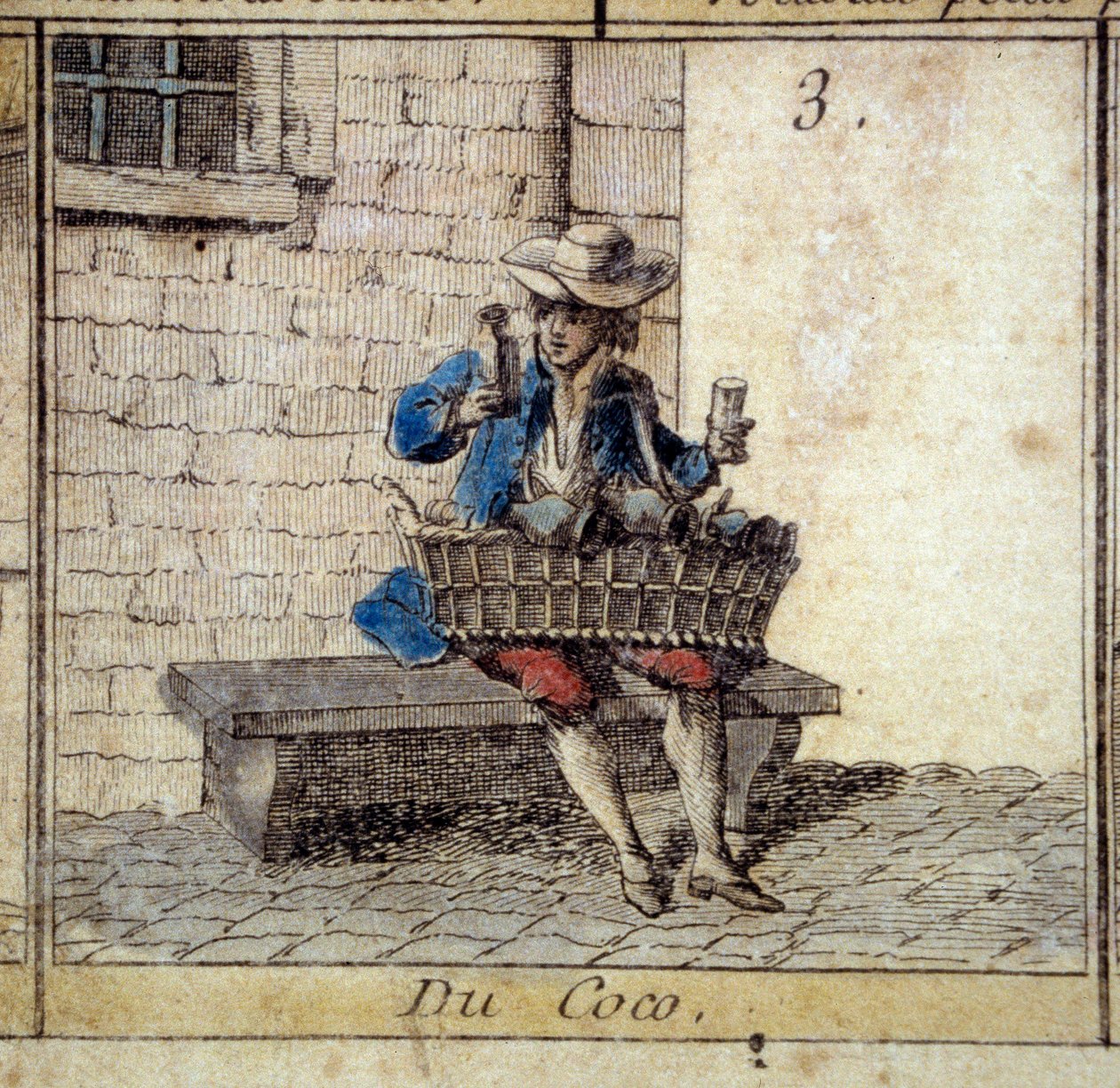 Yksityiskohta Cree of Paris -hanhipelistä: kookoskauppias (myy rihkamaa). Kaiverrus 1700-luvulta. Coll. Lähde. tekijältä Unknown artist