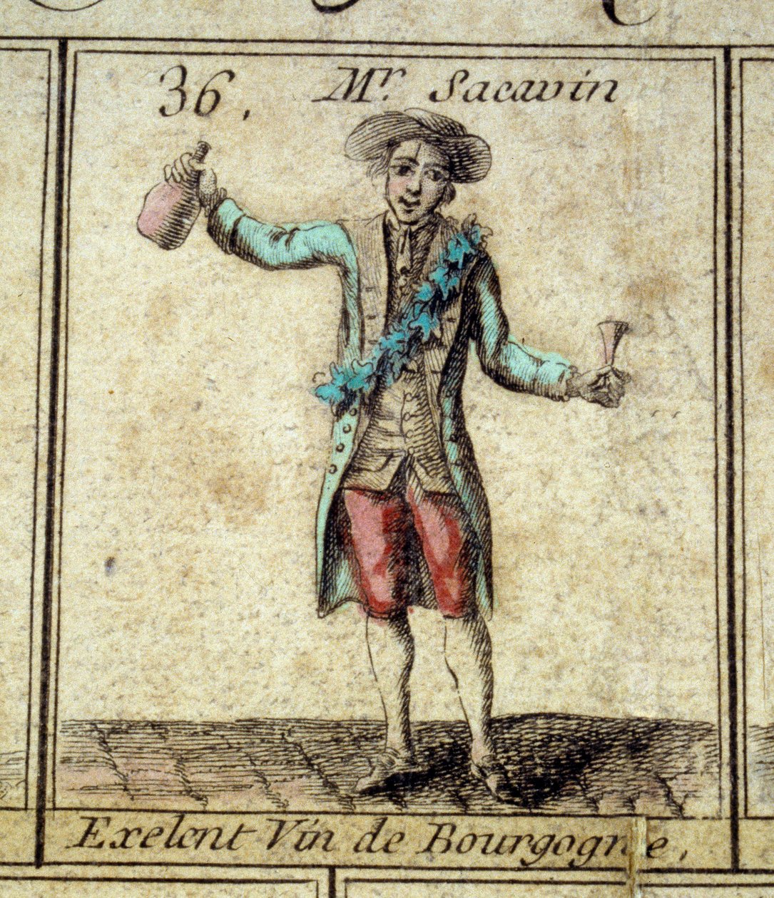 Yksityiskohta Goose of the Cree of Paris -pelistä: herra Sacavin, viininjuoji Bourgognesta. Kaiverrus 1700-luvulta. Coll. Mennä. tekijältä Unknown artist