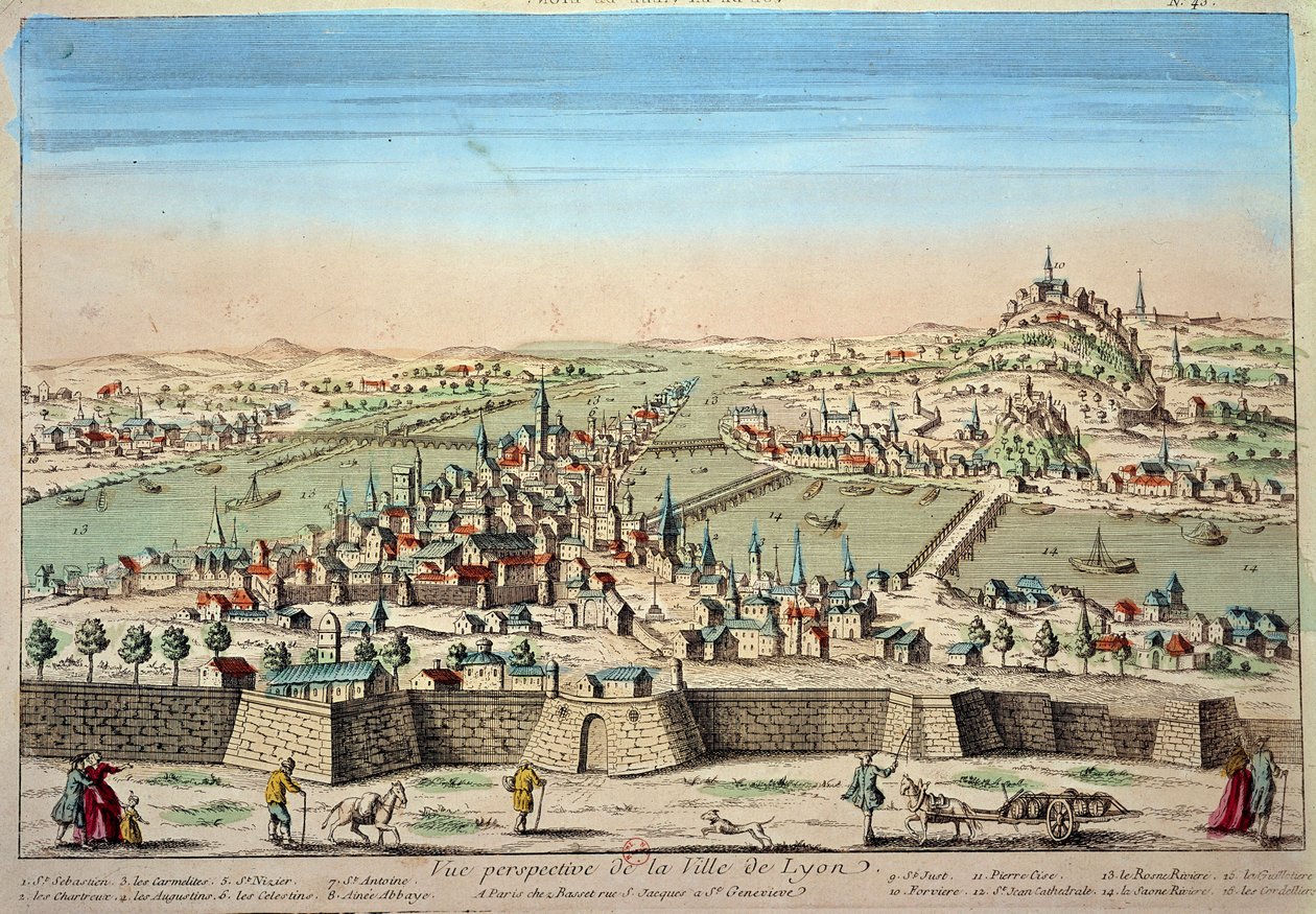 Yksityiskohtainen näkymä Lyonin kaupungista Rhônen ja Saonen rannoilla. Kaiverrus 1600-luvun Pariisista B.N. tekijältä Unknown artist