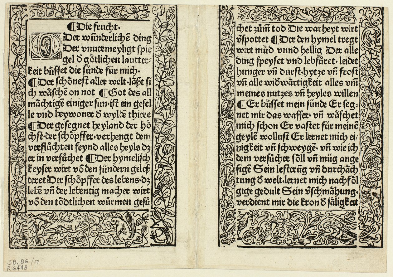 Hartaita kohtia koristeellisine reunuksineen teoksesta Andächtig Zeitglöcklein des Leben und Leidens Christi, levy 17 teoksesta Woodcuts from Books of the 15th Century. tekijältä Unknown artist