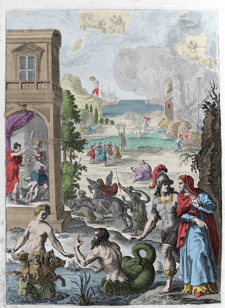 Erilaiset metamorfoosit, etualalla Scylla ja häneen rakastunut merijumala Glaucos, taustalla Anaxareten hirtetty Iphis rejetes. Kuva otettu Ovideksen (43 eKr.-17 jKr.) kirjasta XIV "" Metamorphoses"" (Metamorfosi). Kaiverrus 1 tekijältä Unknown artist