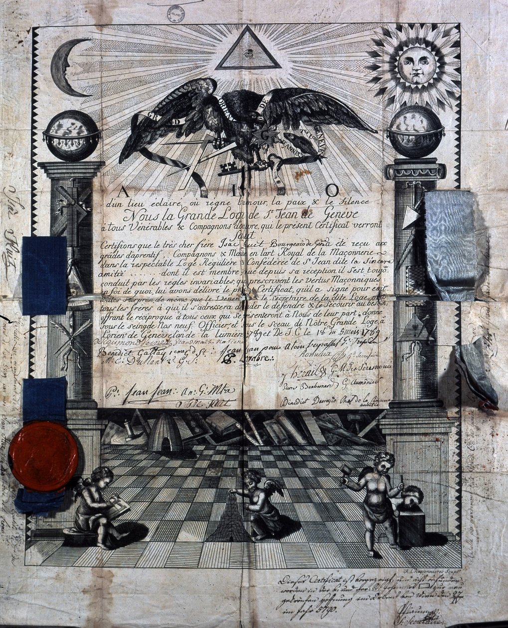 Isaac Huitin tutkintotodistus kuninkaallisen muuraustaiteen seuralaisena ja mestarina, jonka myönsi vuonna 1789 Geneven St-Jeanin suurlooshi. tekijältä Unknown artist