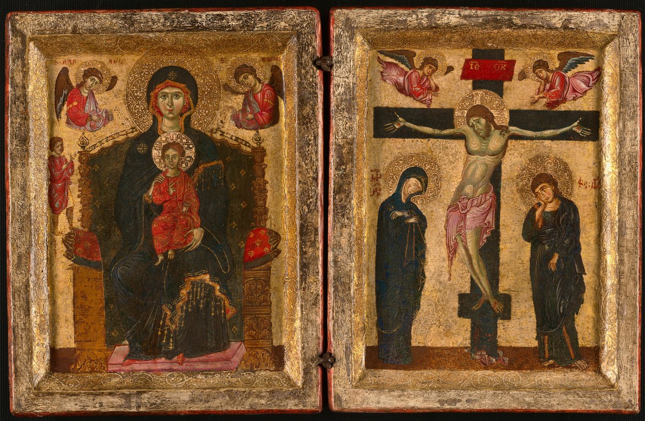 Diptyykki Neitsyt ja lapsi kruunattuna ja ristiinnaulitseminen tekijältä Unknown artist