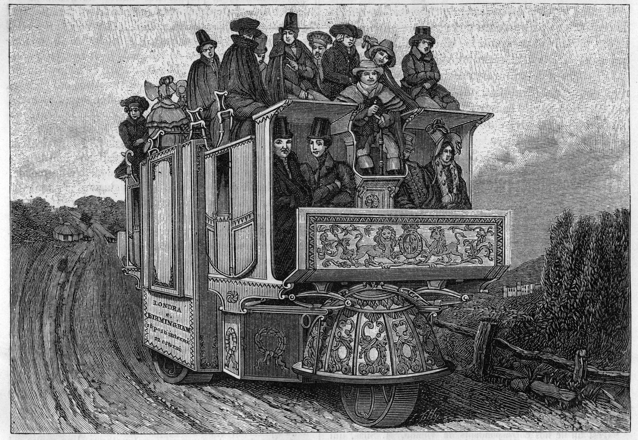Tohtori Ghurchin kolmipyöräinen mekaaninen auto, joka on rakennettu Birminghamissa vuonna 1833. Italialainen kaiverrus 1800-luvulta. tekijältä Unknown artist