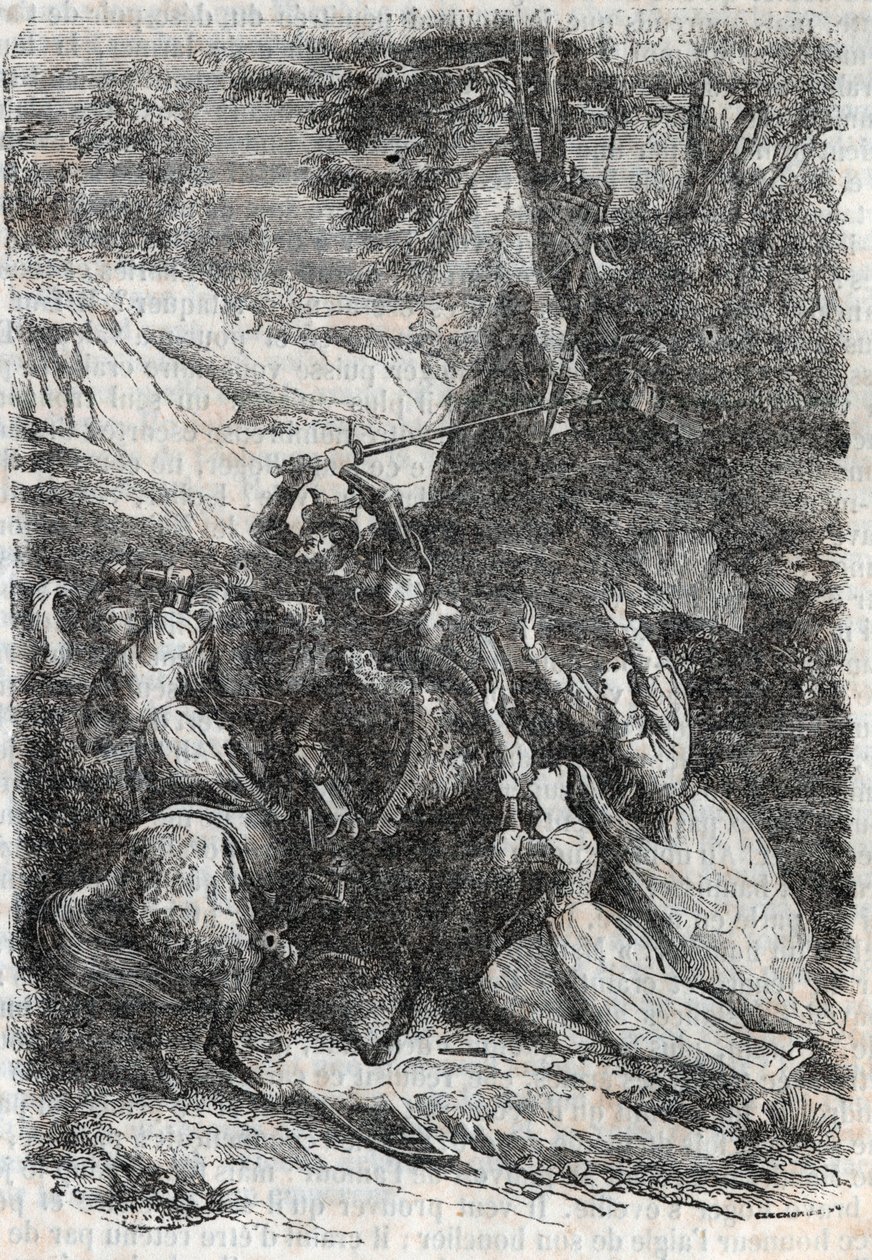Doralice ja Isabelle haluavat erottaa Mandricardin ja Zerbinin - kaiverrus vuodelta 1851 "" Roland furieux