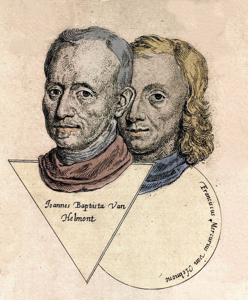 Kaksoismuotokuva belgialaiskemististä Jean Baptiste van Helmontista (Jan Baptist van Helmont) (1577-1644) ja François Mercure van Helmontista (1614-1699). Kaiverrus tekijältä Unknown artist