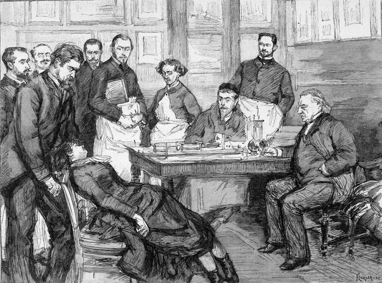 Tohtori Jean Martin Charcotin kokemus potilaasta Salpetrieren psykiatrisen sairaalan koulussa. Charcot-Salpetrieren kirjasto. tekijältä Unknown artist