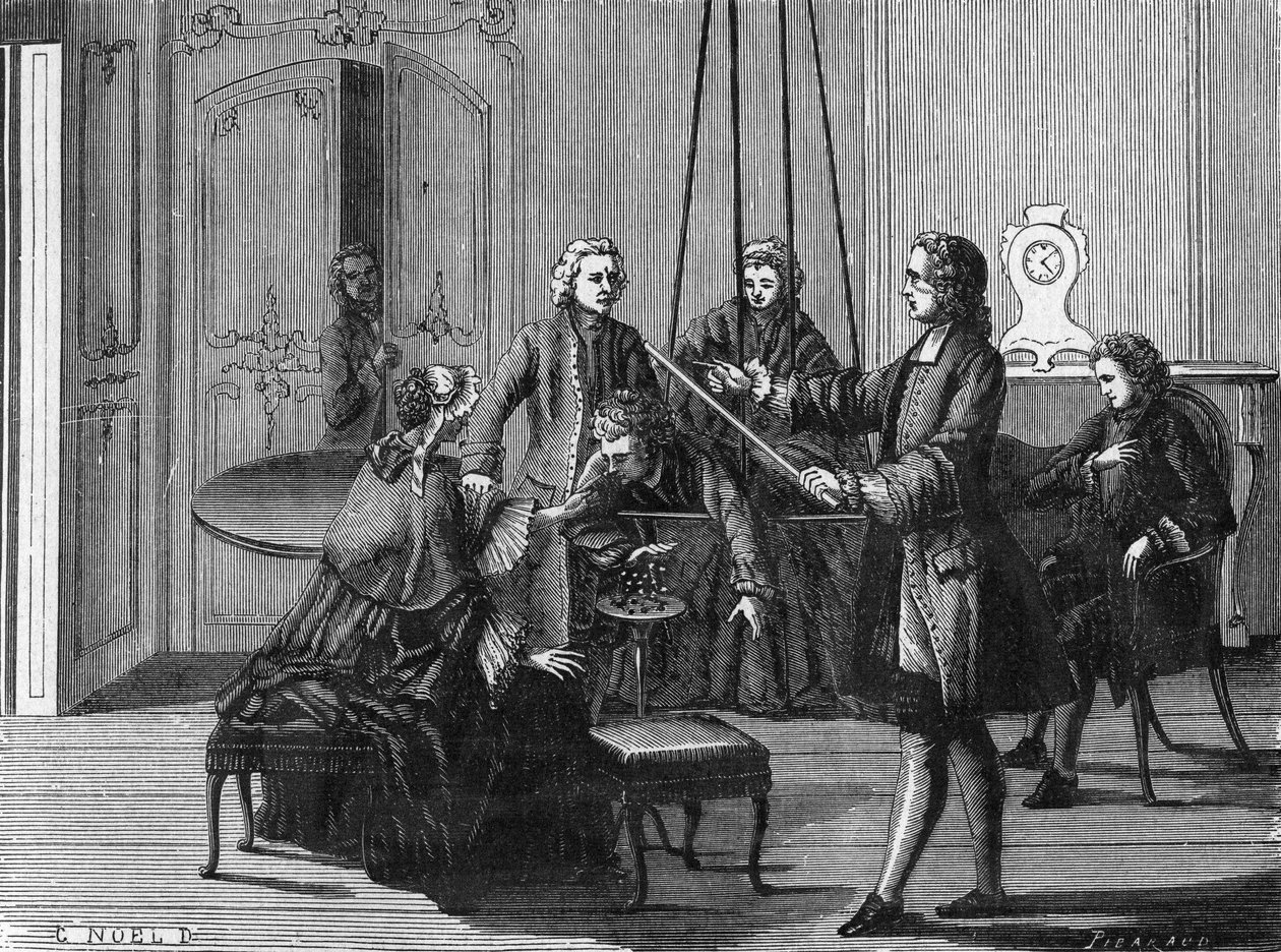 Dufay kokemus. Charles François Du Fay (Dufay?) (1698 - 1739), ranskalainen kemisti ja fyysikko osoitti, että sähkökipinöitä voidaan vetää ihmiskehosta. Kaiverrus Science Albumista. Ranska 1800-luku. tekijältä Unknown artist