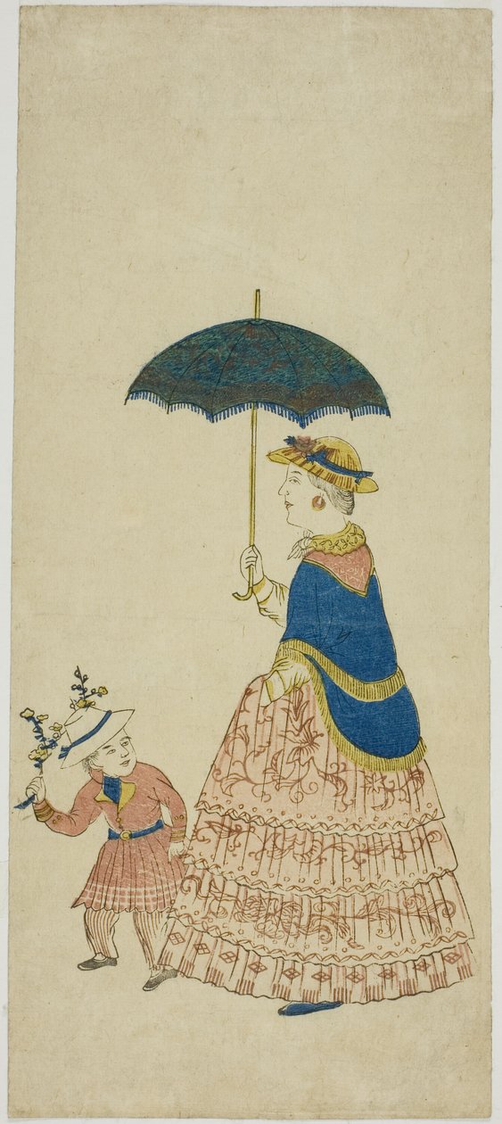 Hollantilainen nainen kantaa aurinkovarjoa pienen pojan kanssa 阿蘭陀婦人と子供 (Orando fujin to kodo mo) tekijältä Unknown artist