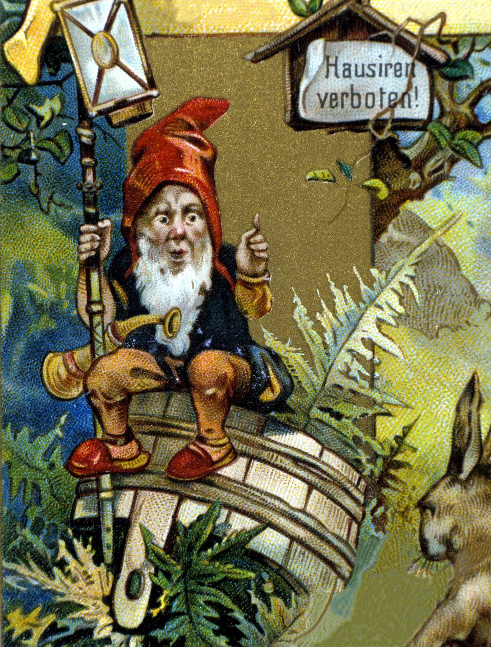 Kääpiö tai farfadet lyhdyllä. 1800-luvun kromolitografia. tekijältä Unknown artist