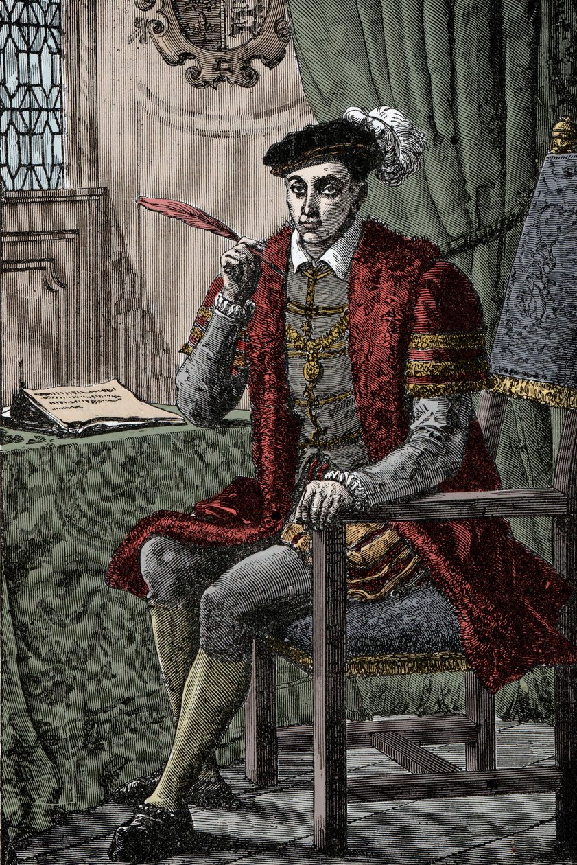 Edward VI kirjoittaa päiväkirjaansa - Kuningas Edward VI (1537-1553) kirjoittaa päiväkirjaansa tekijältä Unknown artist