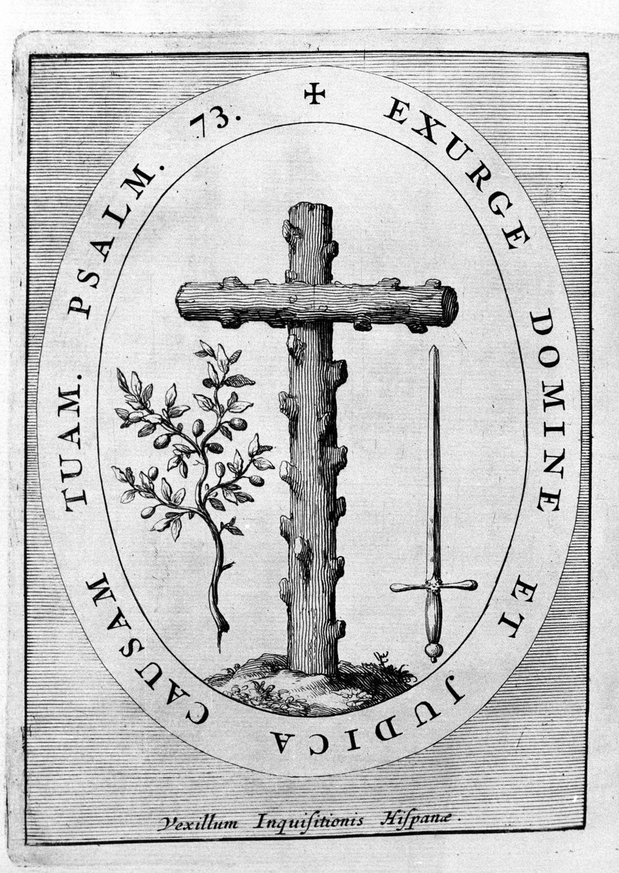 Espanjan inkvisition tunnus: risti, oliivinoksa ja miekka. 17. vuosisata tekijältä Unknown artist