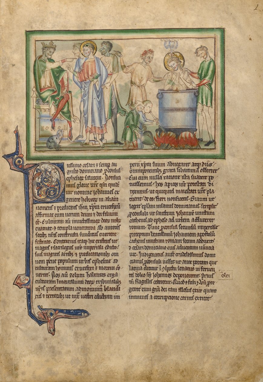 Keisari Domitianus puhuu evankelista Johannekselle ja evankelista Johannes evankelista kiehuvan öljyn sammiossa. tekijältä Unknown artist
