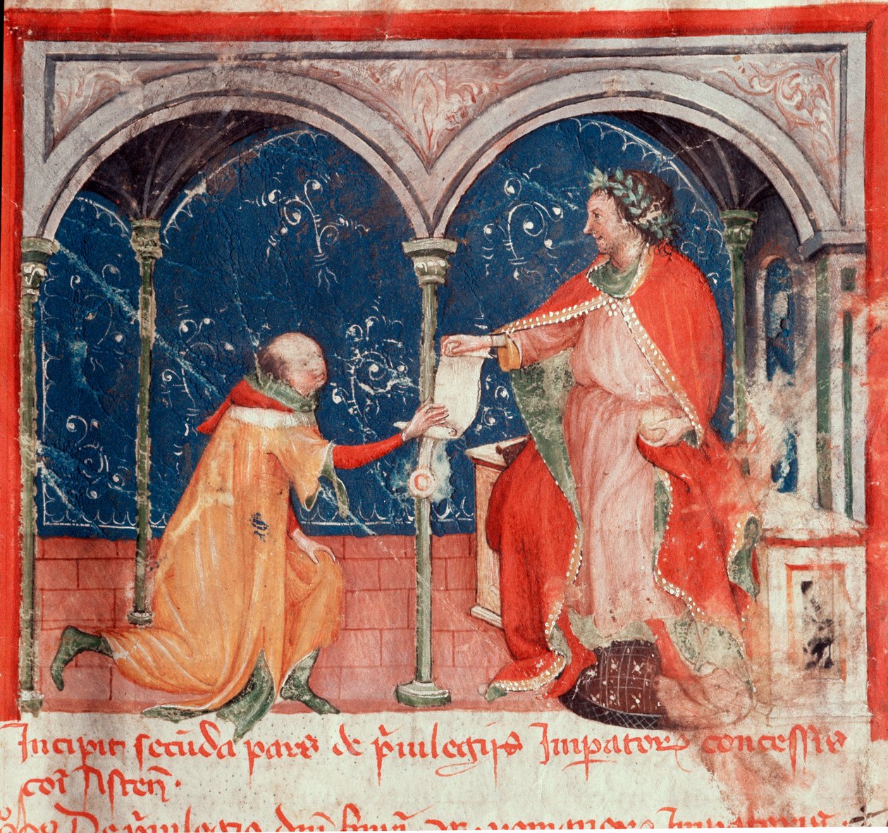 Hohenstaufenin keisari Frederick II (1194-1250) suunnittelemassa Astin kaupungin etuoikeuksia Miniature otettu "Codex Astensis" (tai Malabayla), kronikoista Astin kaupungista vuosien 1065 ja 1353 välillä. 1300-luku. Säilytä Astin kaupunginjohtajassa tekijältä Unknown artist