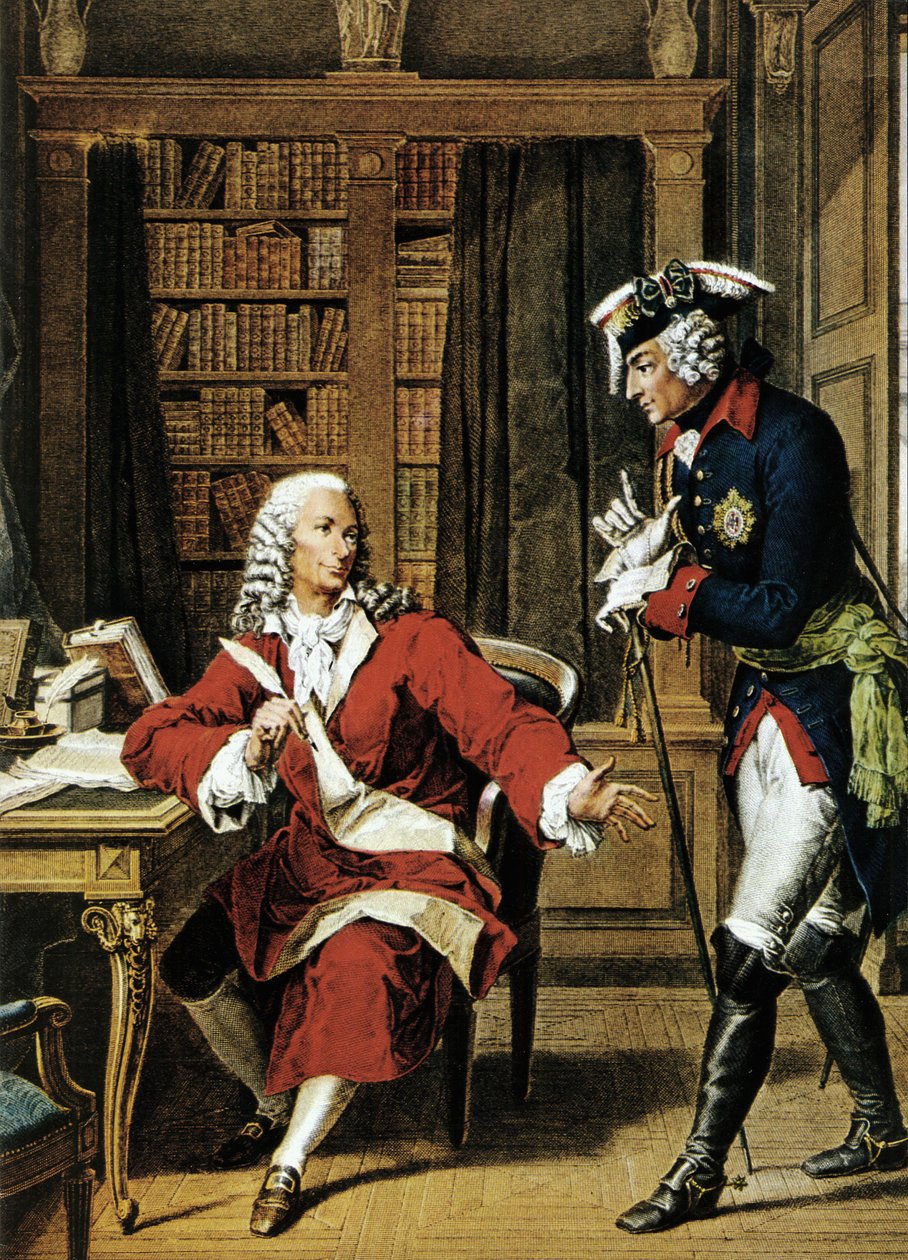 Keisari Frederick II Suuri (1712 - 1786) vierailee filosofi Voltairen (1694 - 1778) luona. Etsaus 1700-luvulta. tekijältä Unknown artist