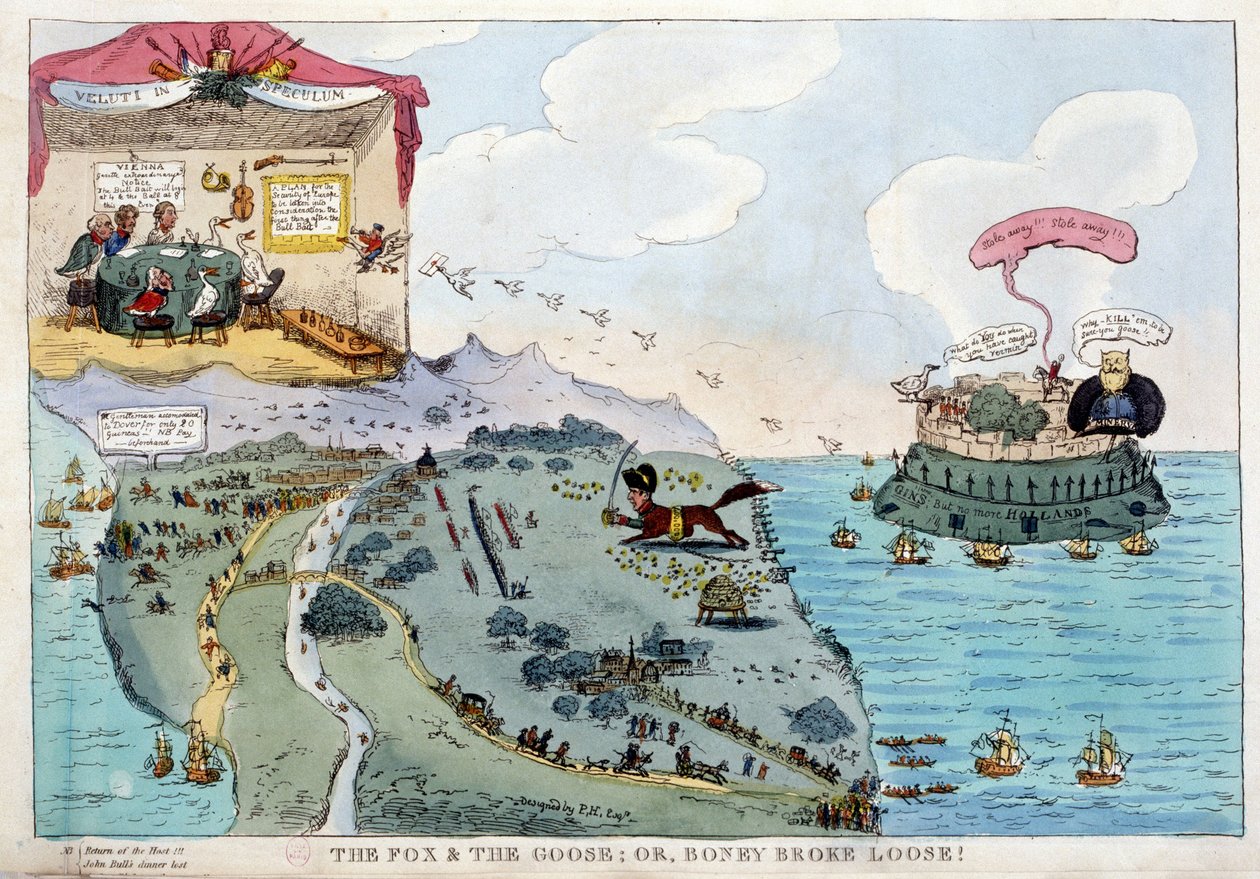 Englantilainen sarjakuva Napoleon Bonapartesta - Napoleon I:ssä, karikatyyrejä, nuken kokoelma. 1814 - 1815. B.H.V.P. tekijältä Unknown artist