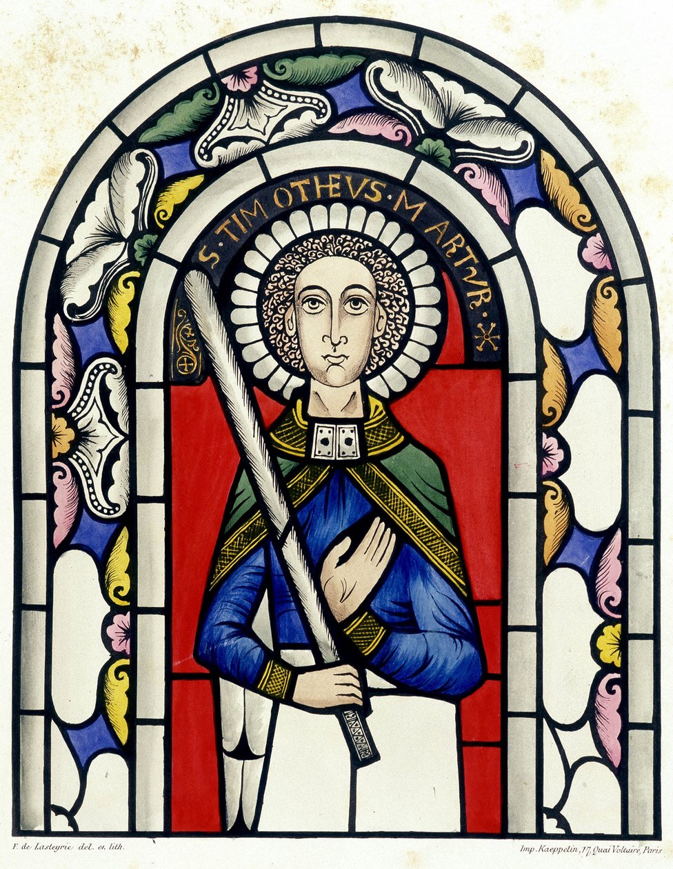 Kaiverrus, joka edustaa Pyhän Timoteuksen lasimaalausta Neuvillerin kirkosta. tekijältä Unknown artist