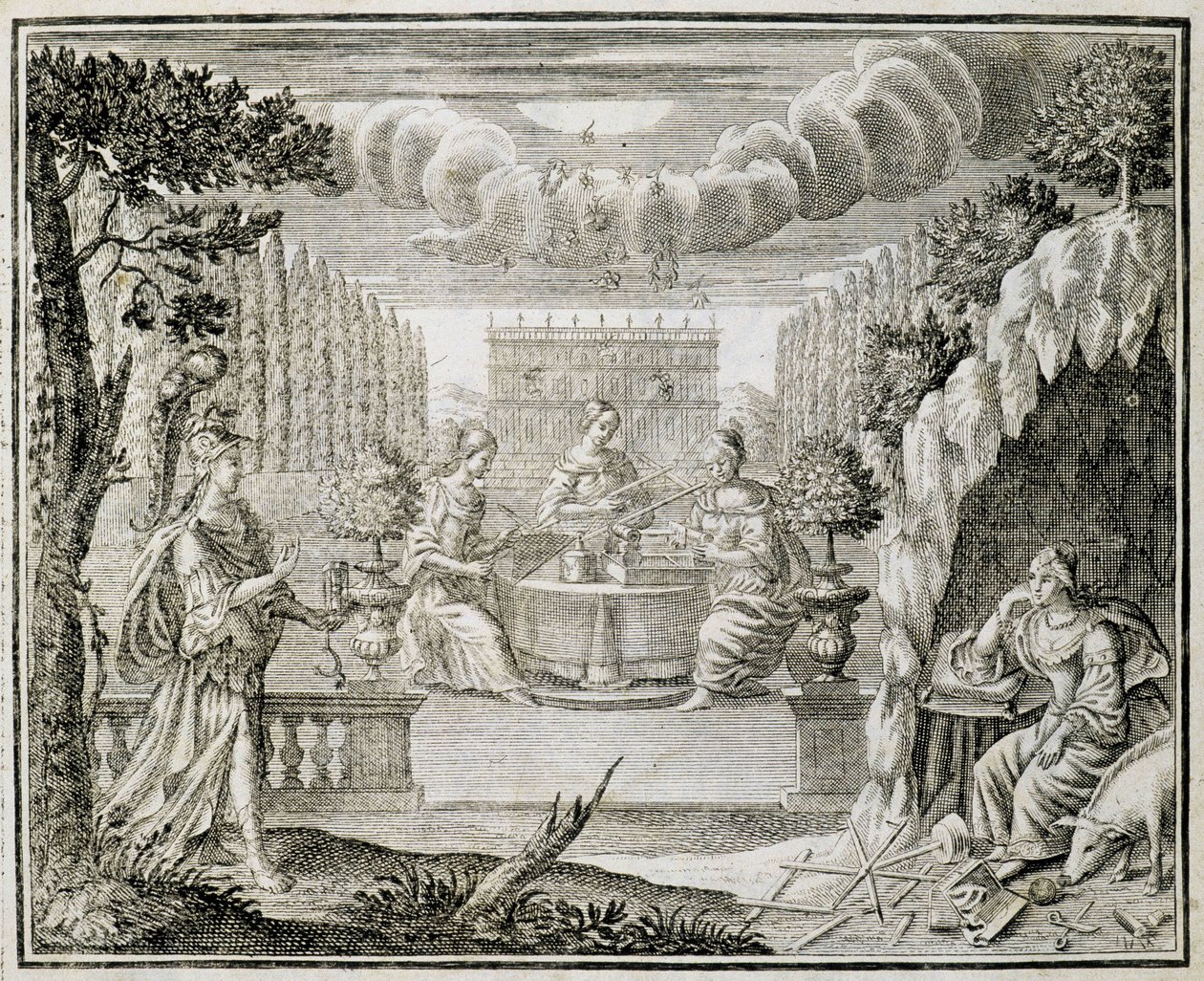Kaiverrus, joka edustaa kutomakoneilla työskenteleviä naisia. 1700-luvun alku. tekijältä Unknown artist