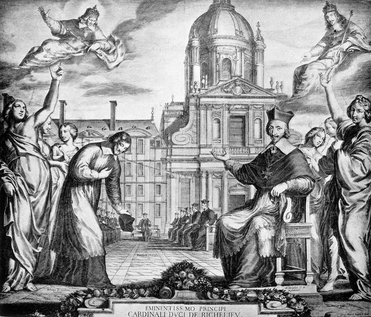 Lemercierille tilattu kaiverrus kardinaali Richelieun kunniaksi Sorbonnen uudelleen perustamiseksi Pariisiin, valmistui vuonna 1642. tekijältä Unknown artist