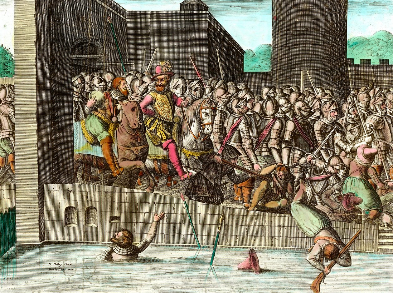 Kuningas Henrik IV (1553-1610) asettui Pariisiin 22. maaliskuuta 1594. Kaiverrus 1700-luvulta. Coll. Mennään. tekijältä Unknown artist
