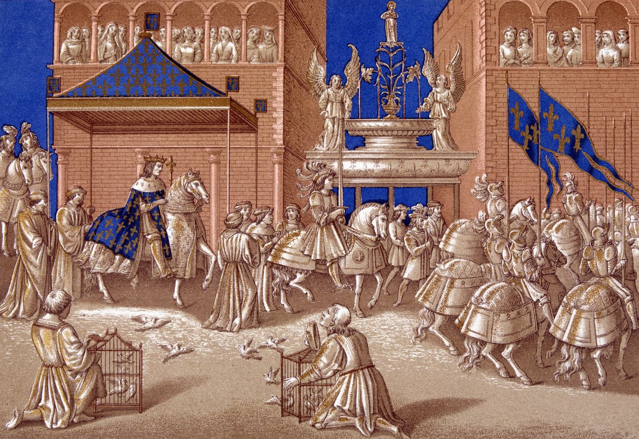 Kaarle VII:n (1403-1461) sisäänkäynti Pariisiin. 1800-luvun kromolitografia. tekijältä Unknown artist