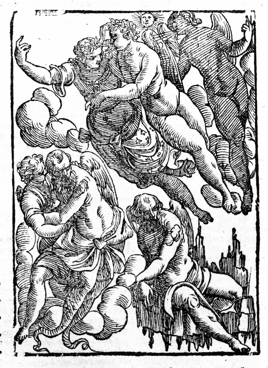 Eole (alhaalla oikealla) ja tuulet. "Mytologiat tai tarinoiden selitykset", jonka on antanut Natalis Comitis. Padova 1677 tekijältä Unknown artist