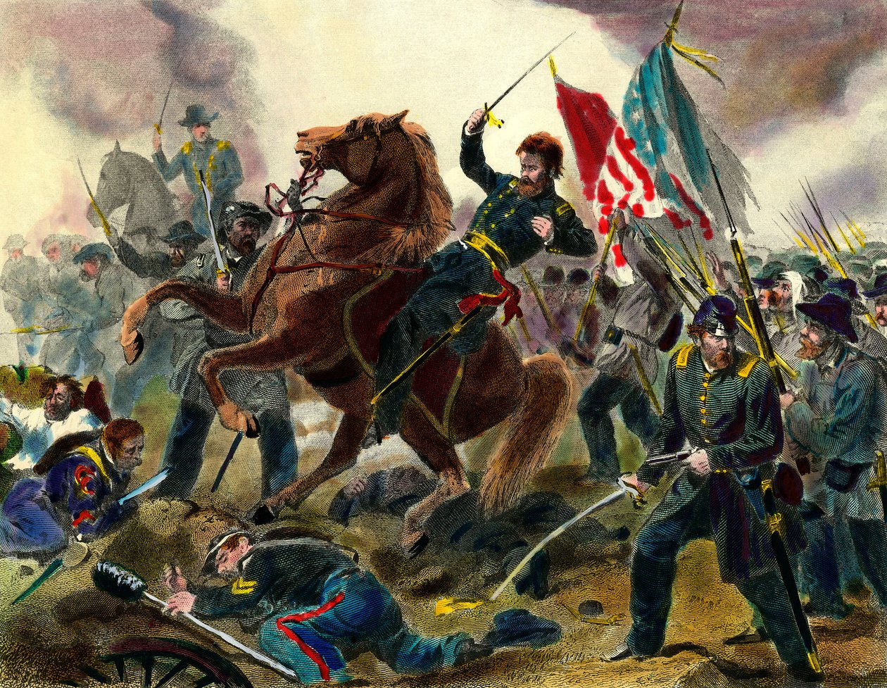 Episodi of the Secession War (1862-1865) tai sisällissota Yhdysvalloissa: Amerikkalainen Union Forces -kenraali Ulysses Simpson Grant (1822-1885) taistelussa Konfederaation osavaltioiden joukkoja vastaan. Kaiverrus 1800-luvun Private Collectista tekijältä Unknown artist