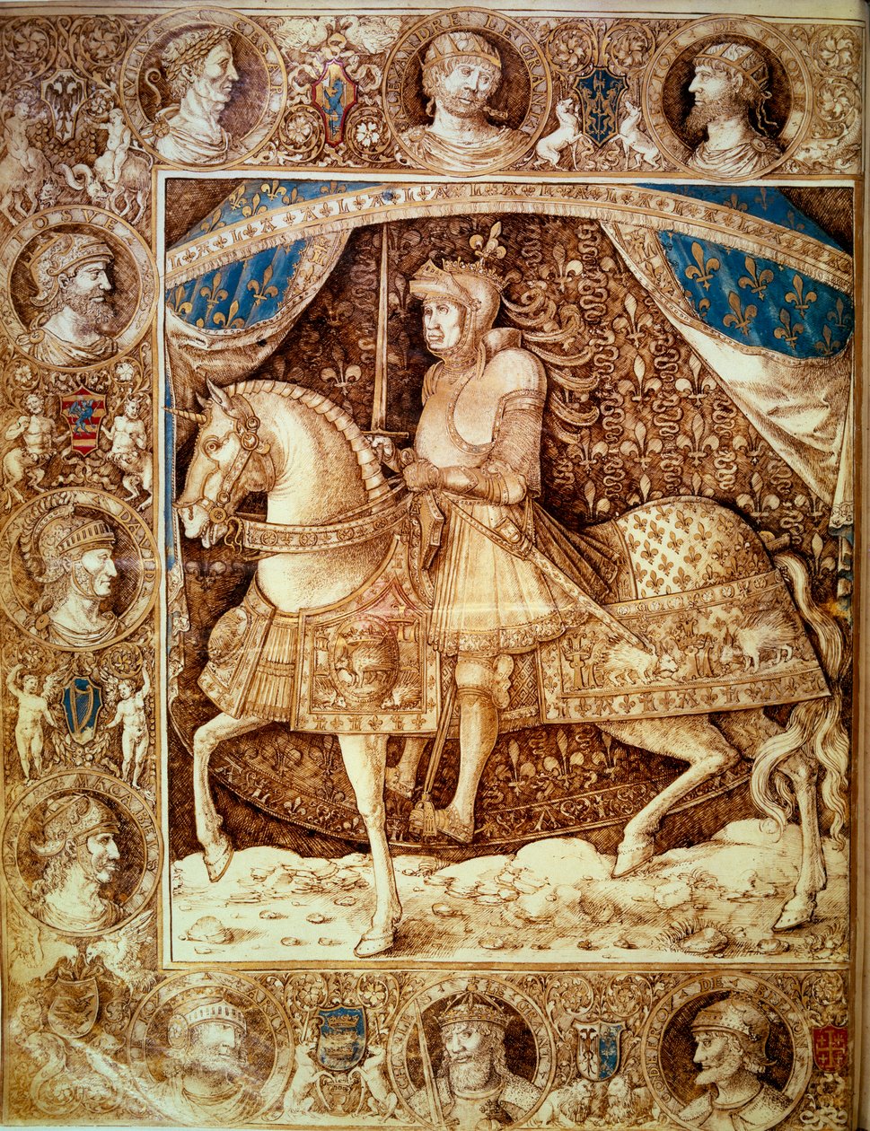 Ranskan kuninkaan Ludvig XII:n (1462 - 1515) ratsastusmuotokuva. Miniatyyri kirjassa ”” Chronicles”, folio 1v, kirjoittanut Enguerrand de Monstrelet (1390? -1453), v. Pariisi BN tekijältä Unknown artist