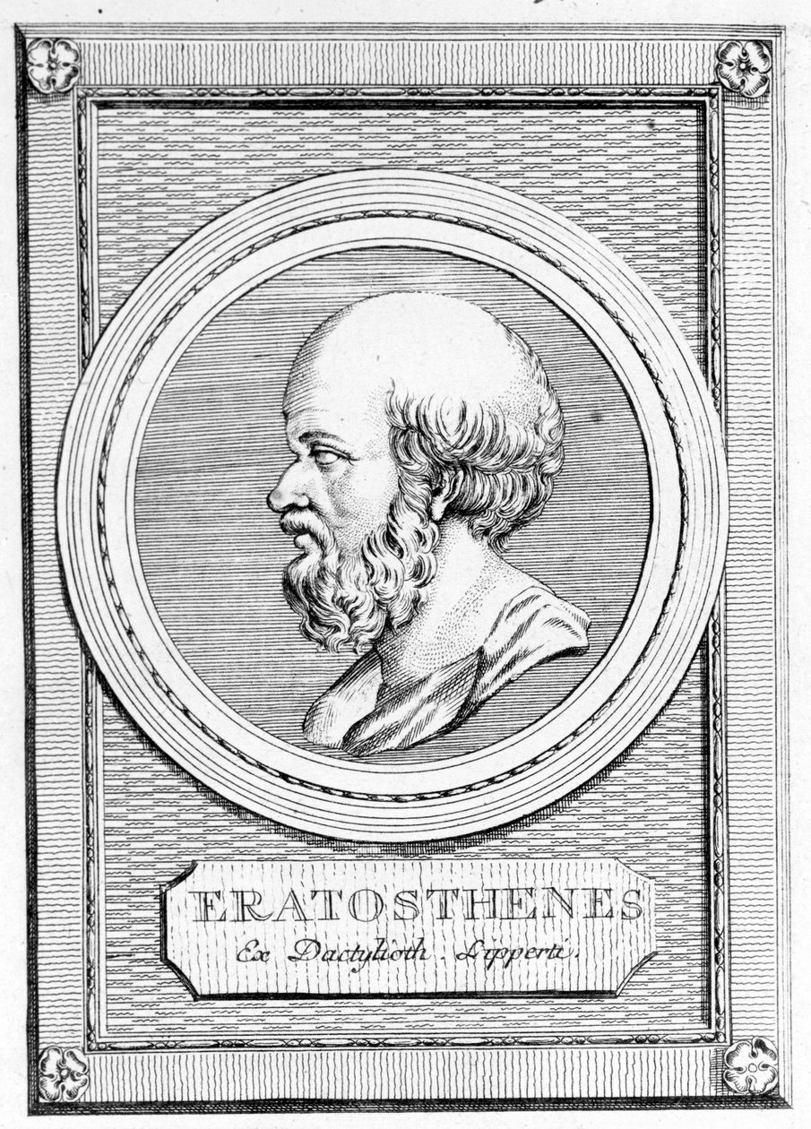 Eratosthenes (275 eKr. - 195 eKr.) matemaatikko, tähtitieteilijä maantieteilijä ja runoilija. Muotokuva jälkikäteen: "Muinaisten kreikkalaisten ja roomalaisten galleria", voi. II. Poschiavo 1784. tekijältä Unknown artist