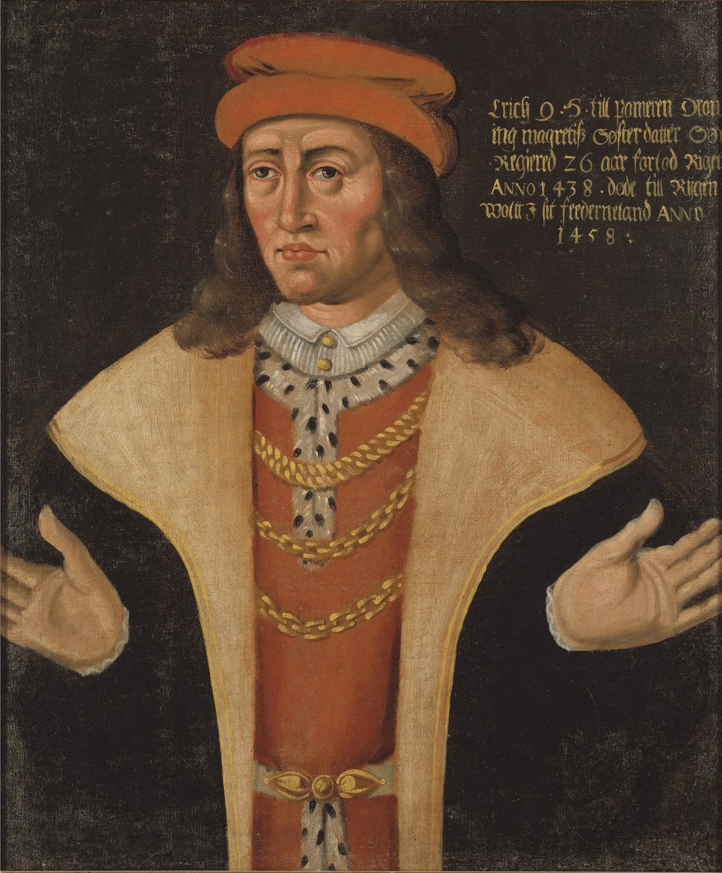 Erik (Eric) I de Pomeranie, roi de Danemark, Norvege et Suede - Muotokuva Erikistä Pommerilaista (1382-1459), Tanskan, Norjan ja Ruotsin kuningas, Anonymous . Öljy kankaalle. Mitat: 78 x 64 cm. Tukholman kansallismuseo tekijältä Unknown artist