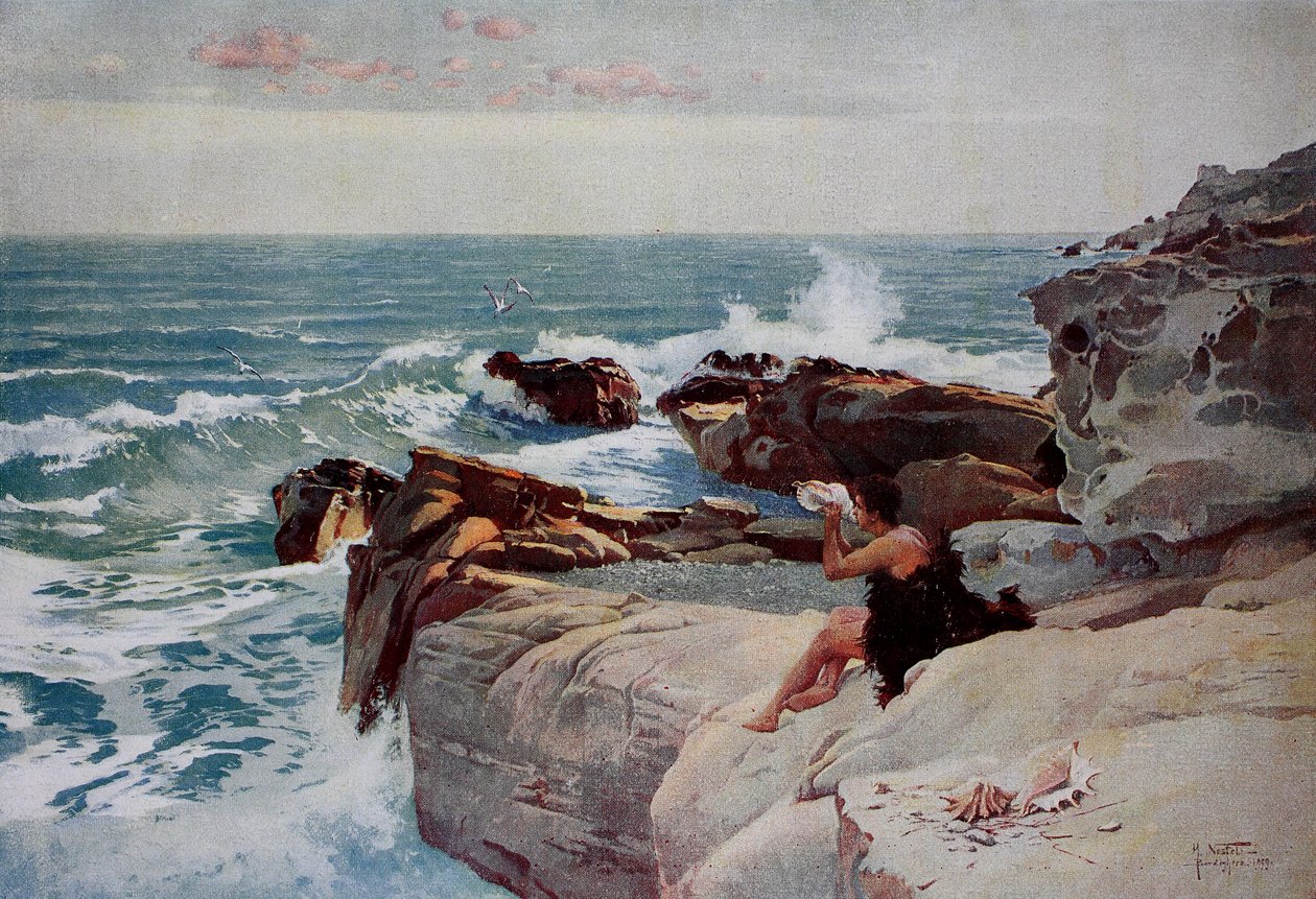 Ilta meren rannalla, nuori mies, jolla on suuri kuori, istuu rannalla tekijältä Unknown artist