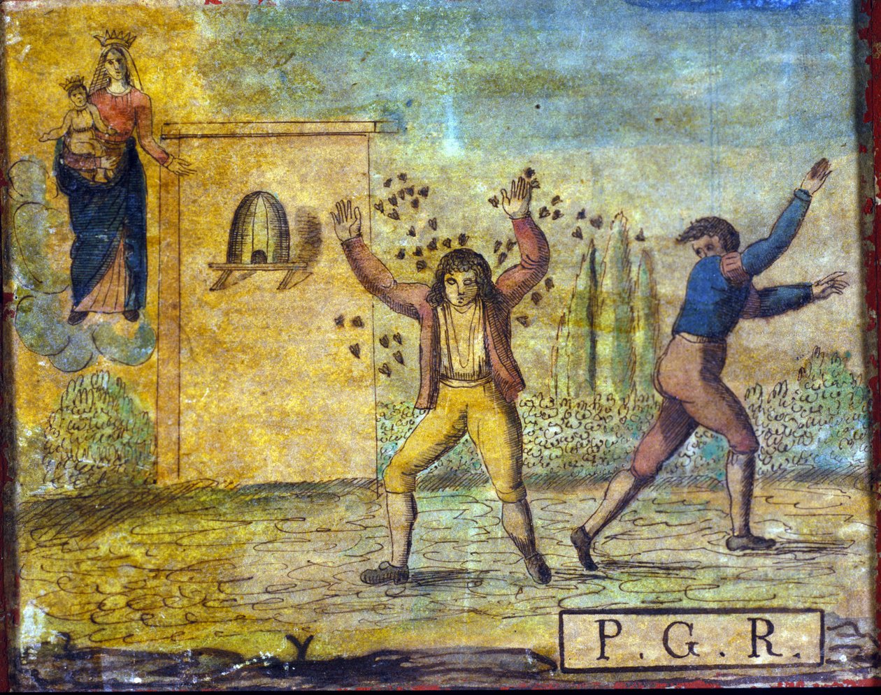 Ex voto 1800-luvun alusta, joka edustaa mehiläisten hyökkäämää henkilöä. tekijältä Unknown artist