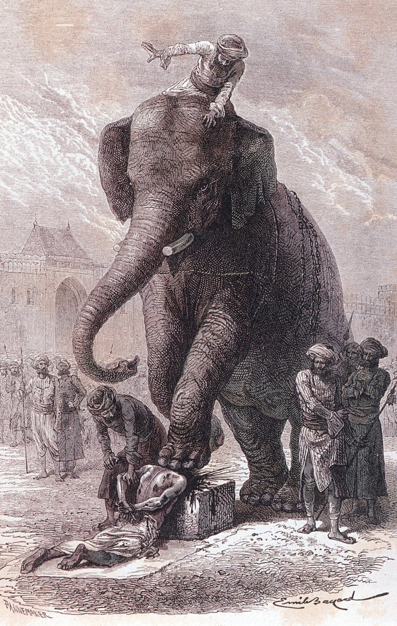 Teloitus Intiassa: rikolliset teloitetaan: heidän päänsä murskataan norsun johdolla, kaiverrus 1875. tekijältä Unknown artist