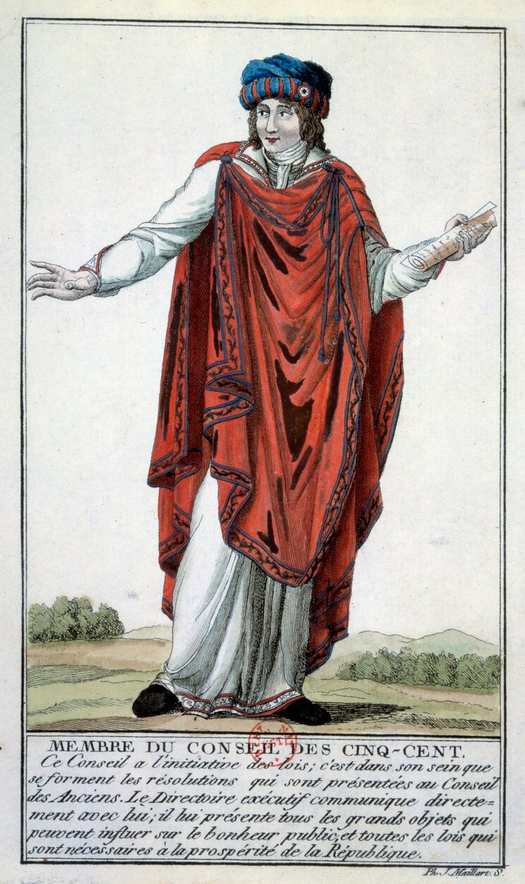 Johtokunta: Puku viiden sentin neuvoston jäsenenä. Kaiverrus 1700-luvun Pariisista, B.N. tekijältä Unknown artist