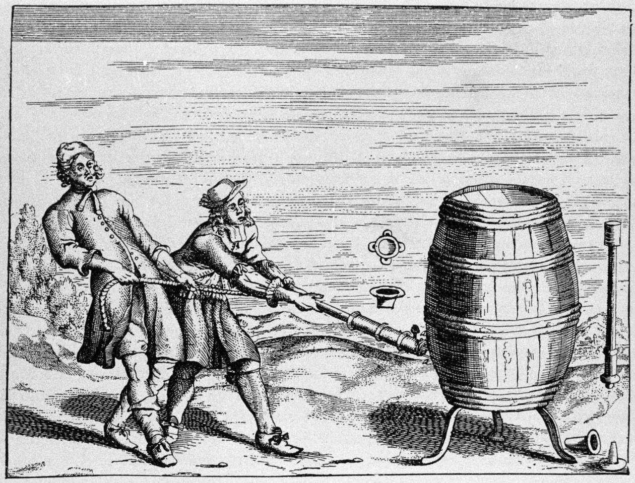Saksalaisen tiedemiehen Otto van Guericken suorittama kokemus ilmanpaineen laskemiseksi. Levy otettu Otto von Guericken (Otto de Guericke) teoksesta "Ottonis de Guericke: Experimenta Nova Magdeburgica de vacuo spatio" tekijältä Unknown artist