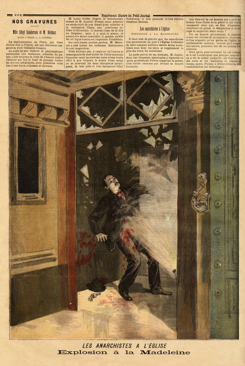 Räjähdys Pariisin La Madeleinen kirkossa, anarkistirikollinen, ainoa uhri, on aiheuttanut oman pomminsa vaikutukset. Kaiverrus "" Le petit Journal" -lehdessä 26/03/1894. Selvan kokoelma. tekijältä Unknown artist
