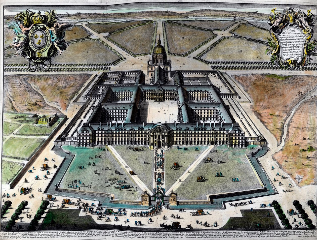 Ulkonäkymä hotelli des Invalidesista Pariisissa 1700-luvulla. Kaiverrus 1700-luvulta. Yksityinen kokoelma. tekijältä Unknown artist