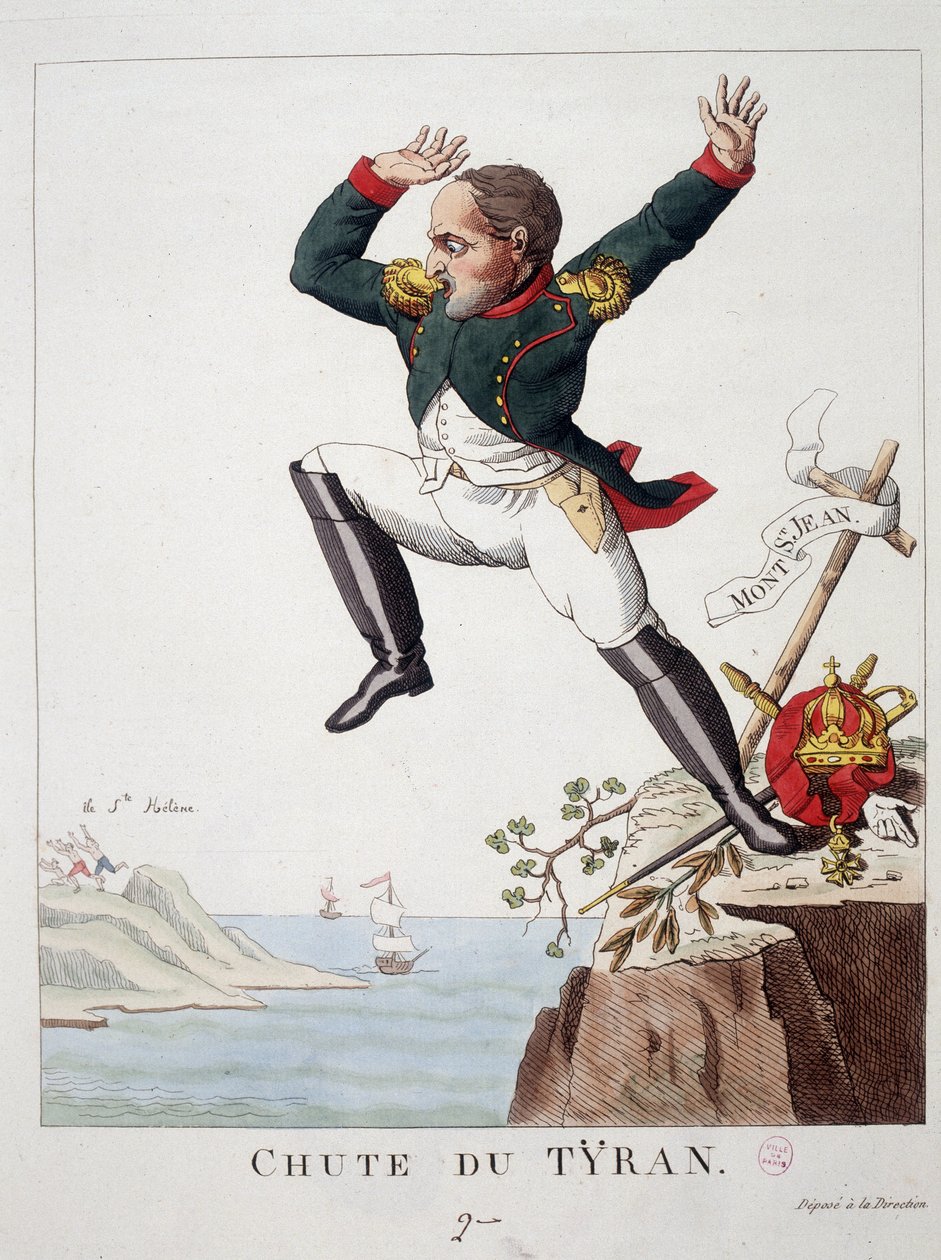 Tyrannin kaatuminen: Napoleon hyppää St John -vuorelta (Waterloon taistelu) St. Helene Islandille - "" Napoleon 1st, karikatyyrit, nuken kokoelma"", tekijältä Unknown artist