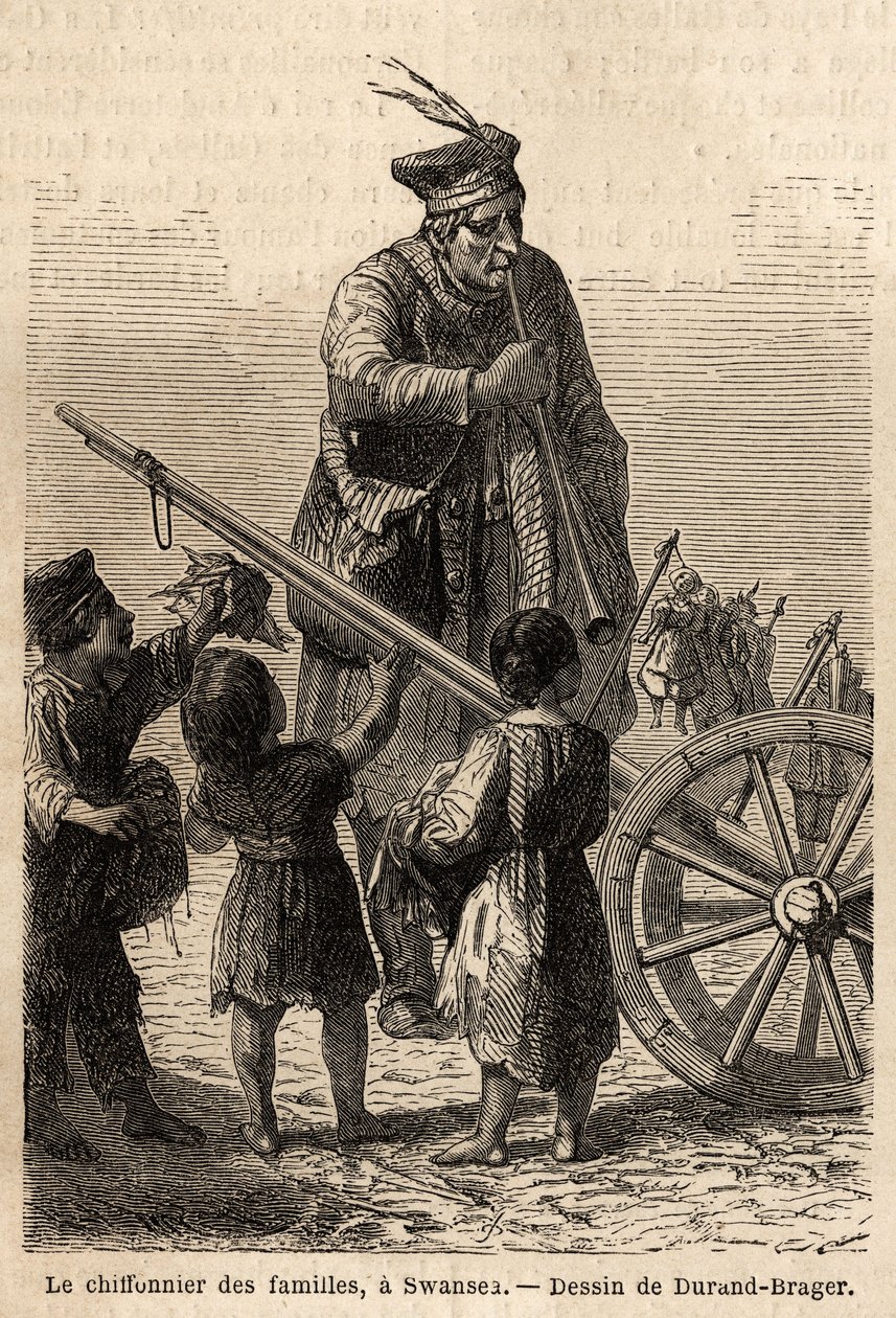 Perherätti Swanseassa. Durand Bragerin piirros havainnollistamaan L. Simoninin vierailua Walesin suuriin tehtaisiin vuonna 1862. Kaiverrus kirjassa "" Le tour du monde", toimittanut Edouard Charton tekijältä Unknown artist