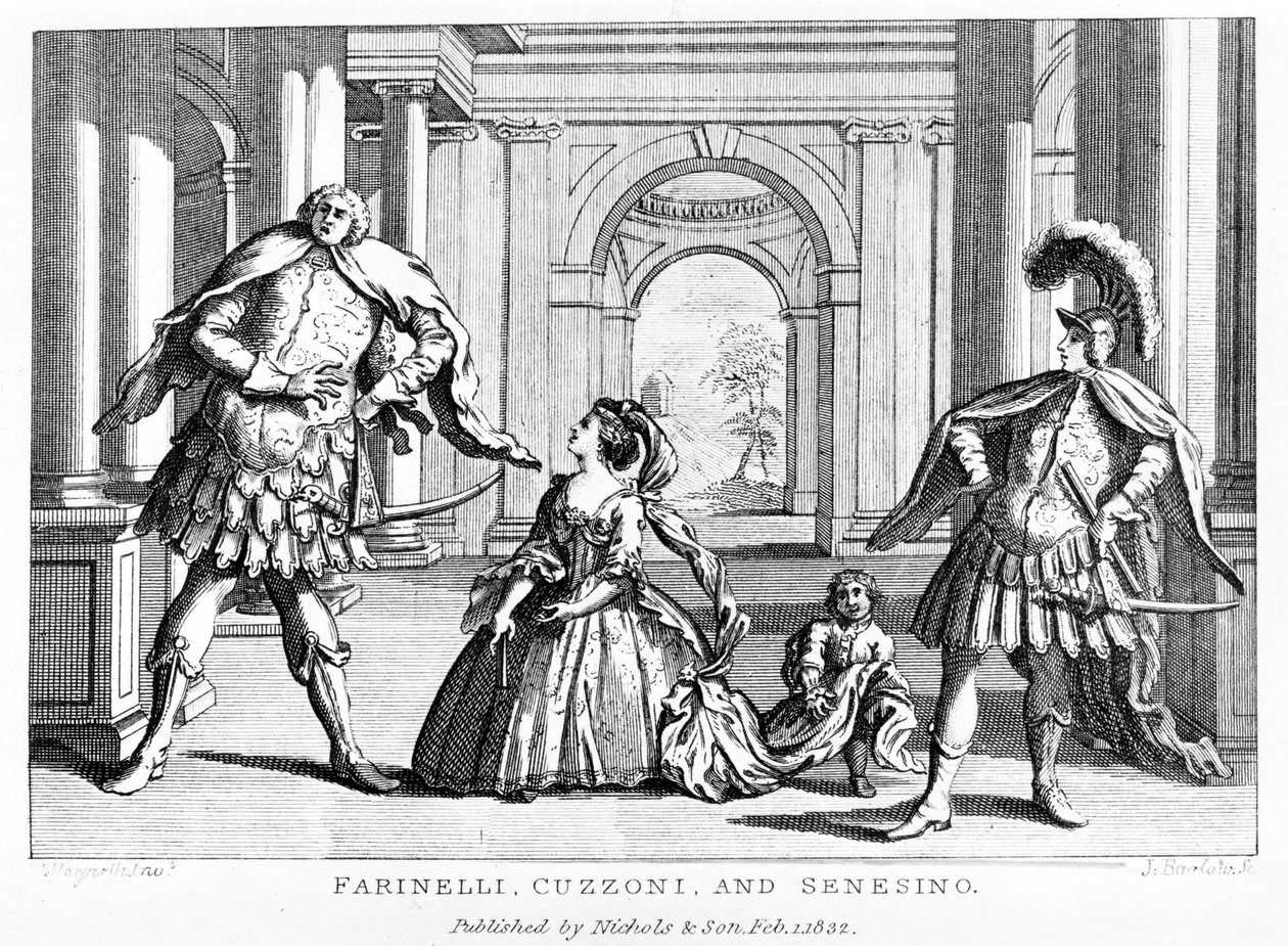 Farinelli (Carlo Broschi, toim.; 1705 - 1782) sopraano Cuzzonin ja kastraatti Francesco Bernardo Senesinon (1680 - 1750) kanssa George Frederick Händelin (Georg Friedrich Handel) oopperassa tekijältä Unknown artist