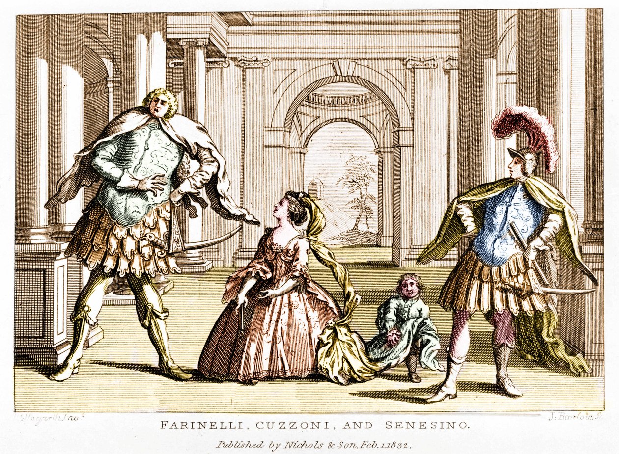 Farinelli (Carlo Broschi, toim.; 1705 - 1782) sopraano Cuzzonin ja kastraatti Francesco Bernardo Senesinon (1680 - 1750) kanssa George Frederick Händelin (Georg Friedrich Handel) oopperassa tekijältä Unknown artist