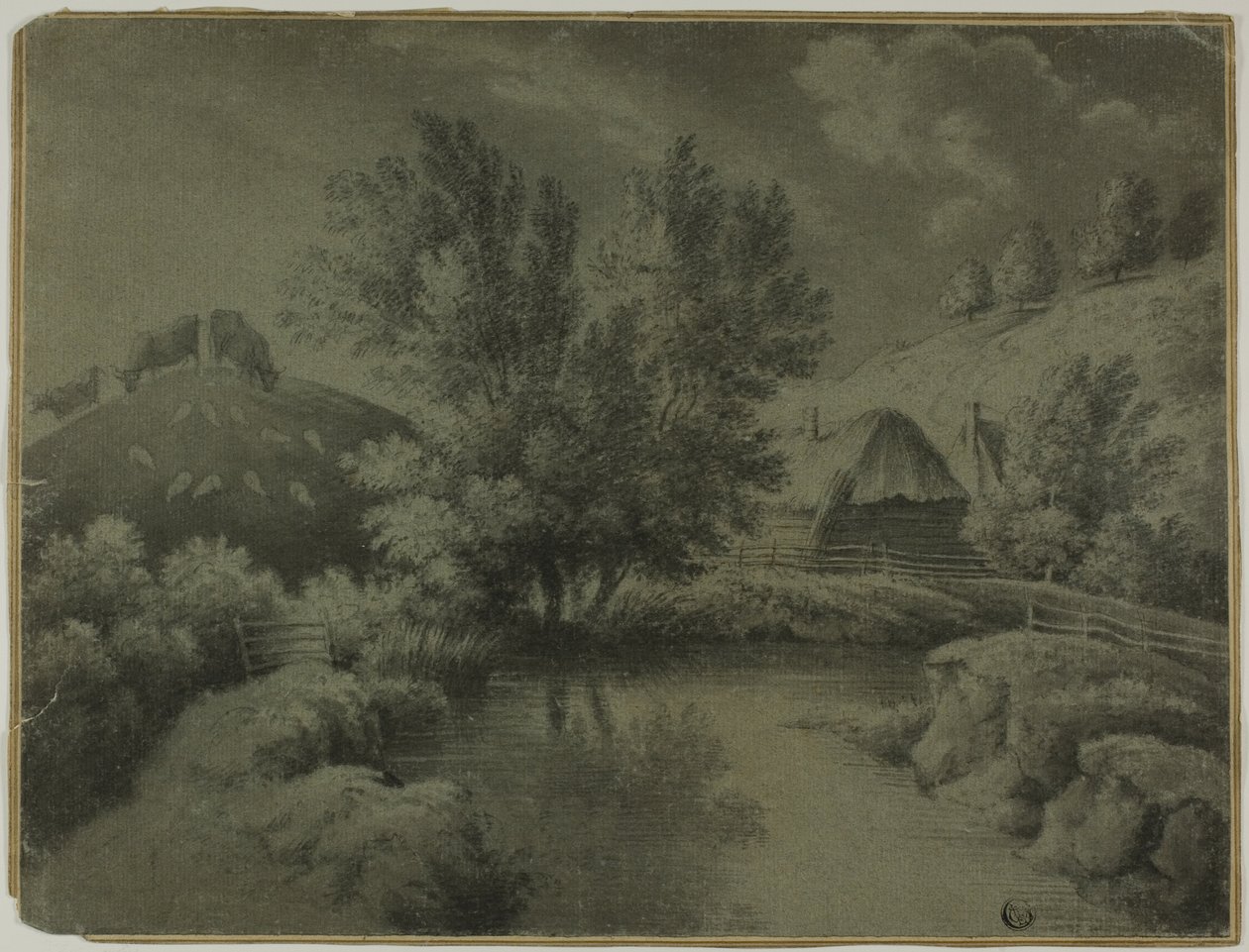 Maatila, jossa lampi etualalla, lehmät laiduntavat kukkulalla tekijältä Unknown artist