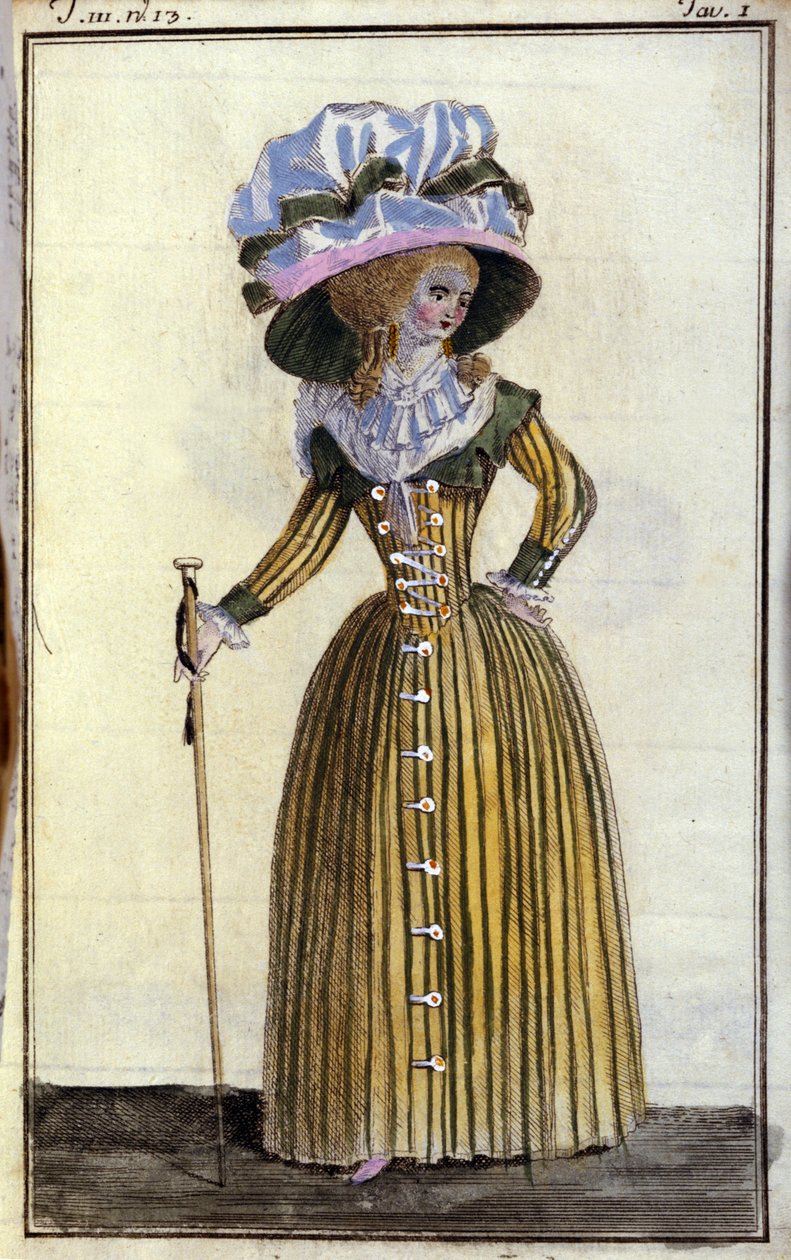 Muoti: tyylikäs nuori nainen kepillä. 1787 tekijältä Unknown artist