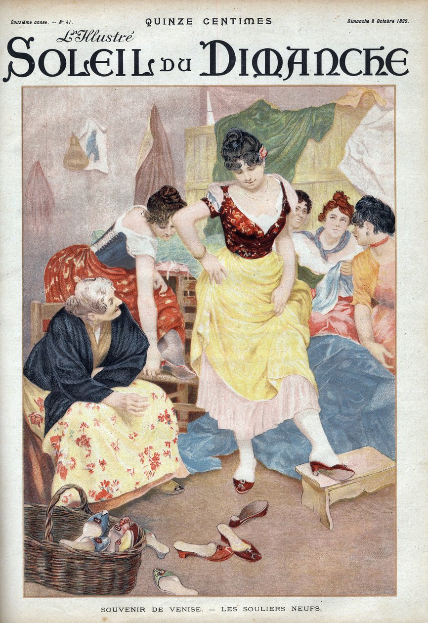 Muoti 1800-luvun lopulla: uudet kengät Venetsiasta. Naiset kokeilevat kenkiä italialaisesta kaupungista. Kaiverrus kirjassa "" Le sun-du-dimanche", 8. lokakuuta tekijältä Unknown artist